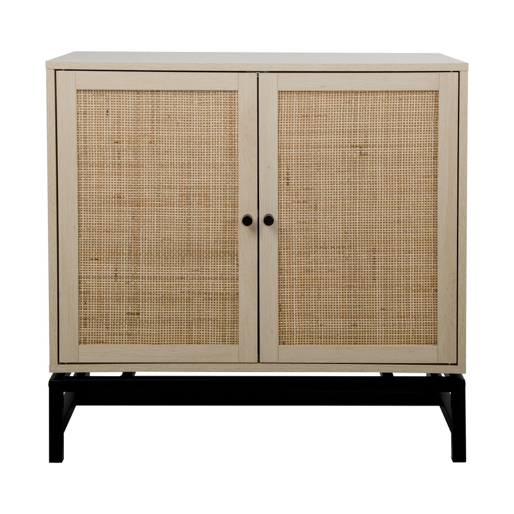 Set of 2 Natural Rattan 2 Door Accent Cabinet with 1 Adjustable Inner Shelves