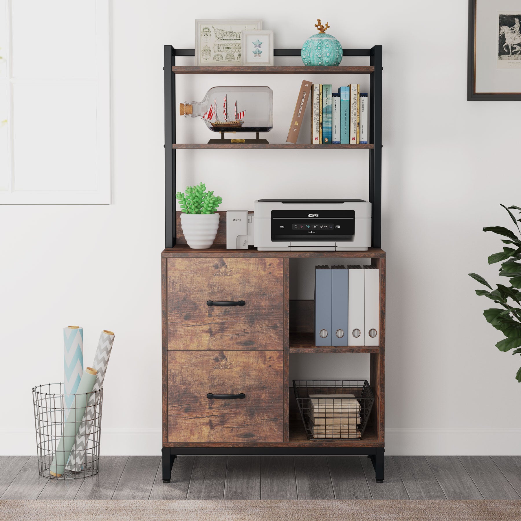 2-Drawer File Cabinet, Industrial Vertical Filling Cabinet with Bookshelf