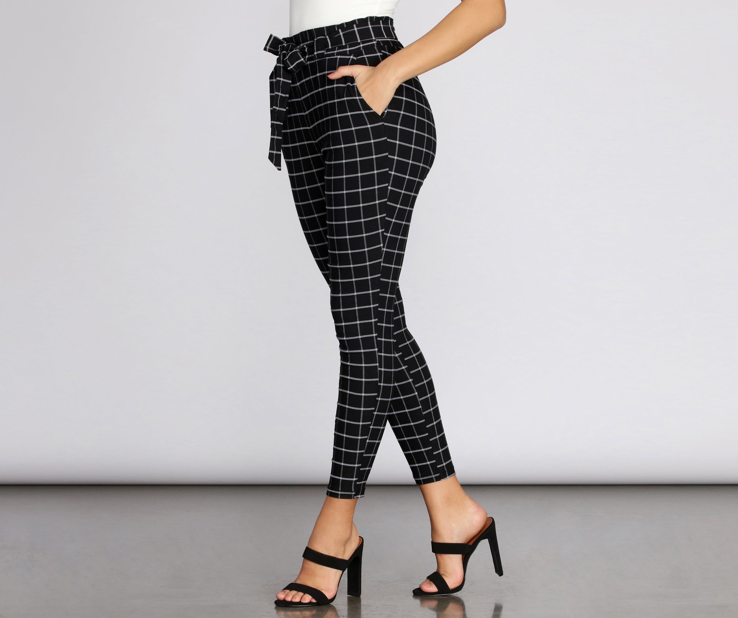 Plaid Paper Bag Tie Waist Skinny Pants