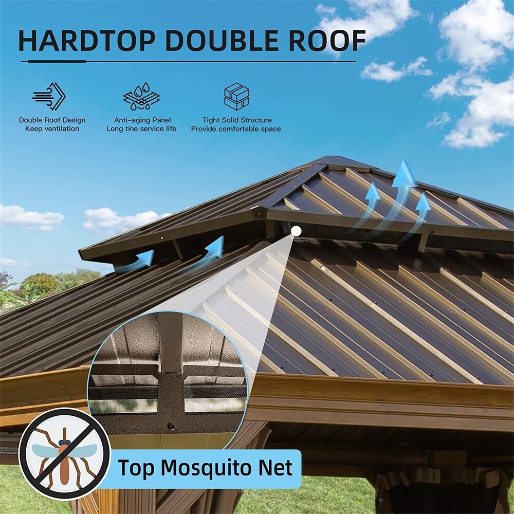 Yellow Brown 12 x 12 ft Outdoor Hardtop Gazebo with Aluminum Frame  Steel Roof  Curtains  Netting