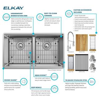 Elkay Crosstown 18-Gauge Stainless Steel 31.5 in Double Bowl Undermount Workstation Kitchen Sink with Aqua Divide and Faucet ECTRUA31169TFCW