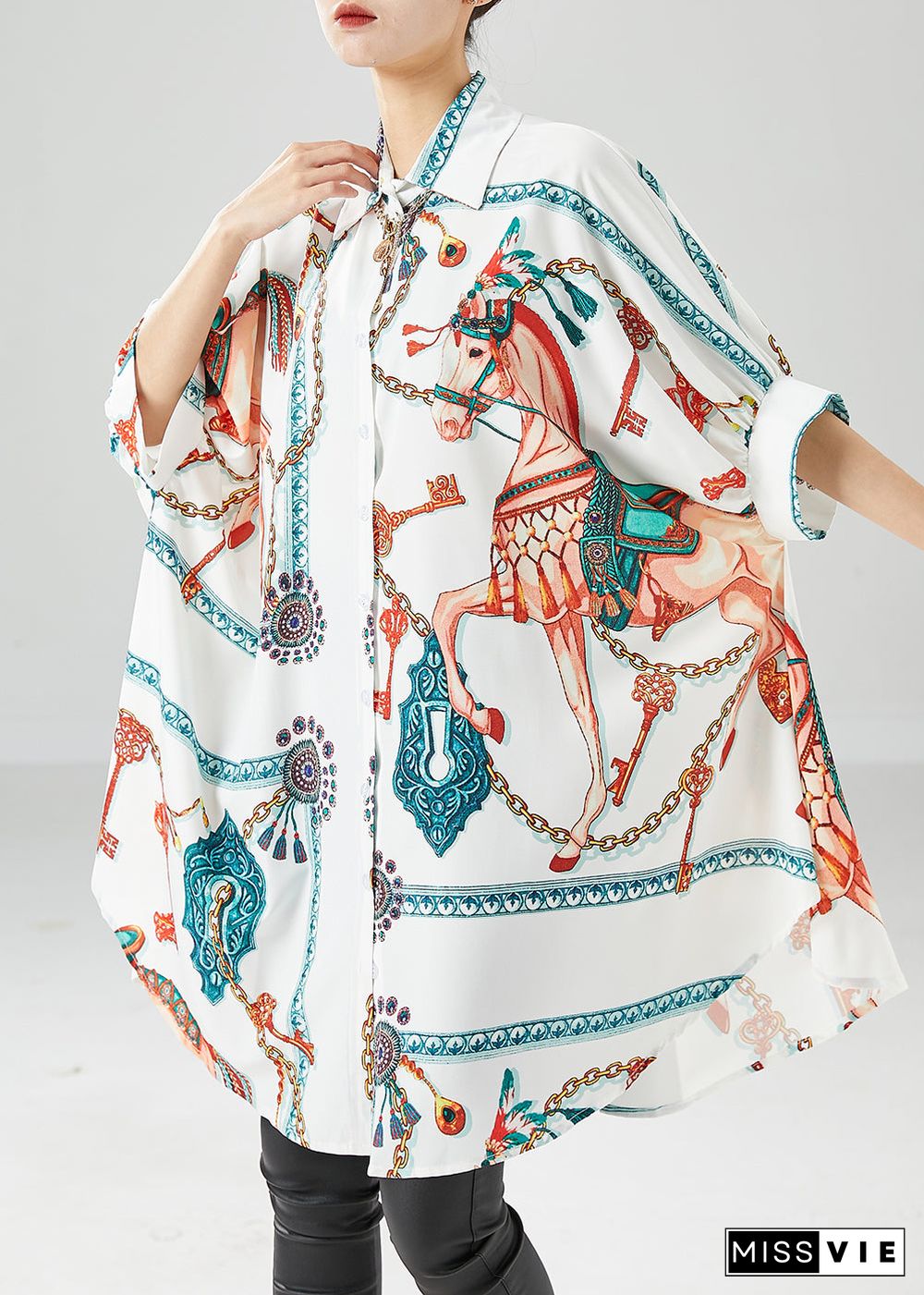 Fine White Oversized Print Silk Maxi Dresses Batwing Sleeve