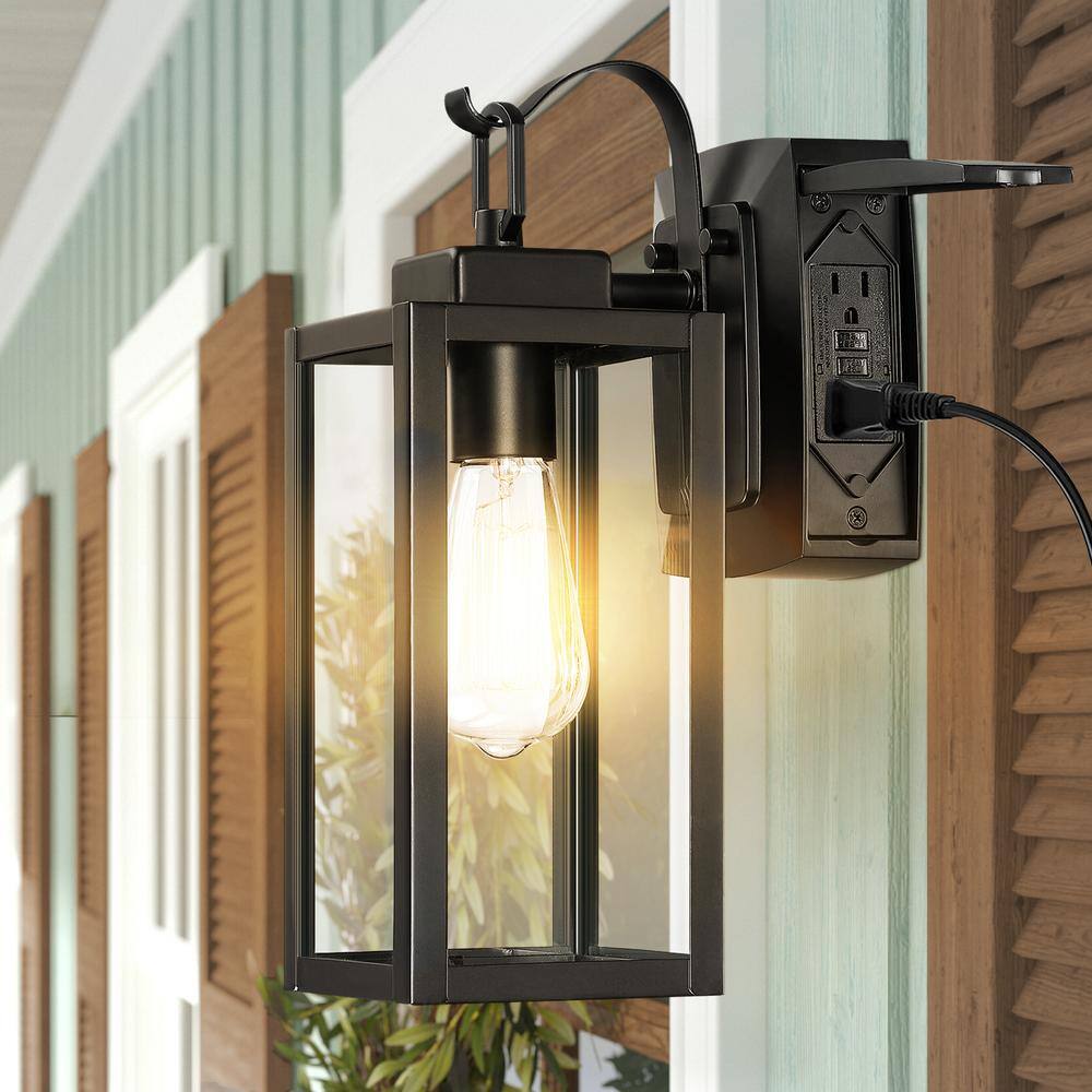 Uixe 1-Light Matte Black Light Outdoor Wall Lantern Sconce with Clear Glass and Built-In GFCI Outlets SSL-12151-GFCI