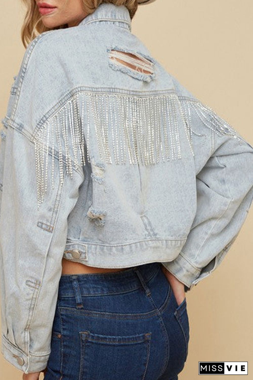 Ripped Tassle Chain Washed Denim Jacket