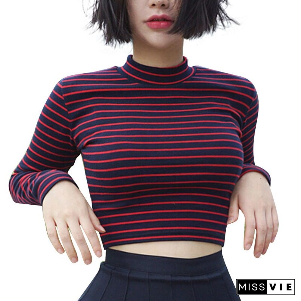 Crop Tops Women Chic All-match Classic Stripe Slim Short Bustier Crop Top Turtleneck Long Sleeved T-shirt Sexy Shirts Tee