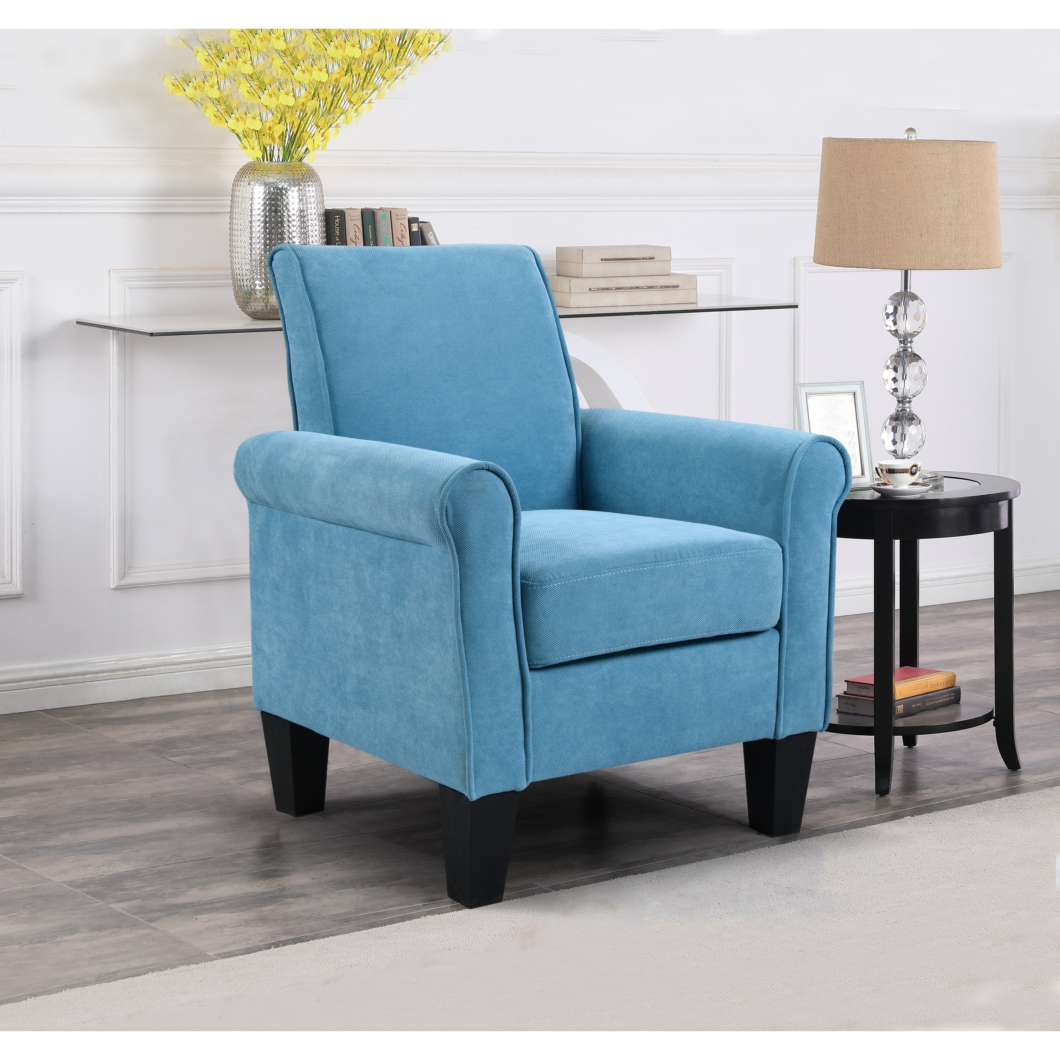 High Quality Fabric Accent Chairs， Sleek Lounge Chairs Comfy Sofa Chair， PU Leather Flared Armchair for Livingroom， Light Blue