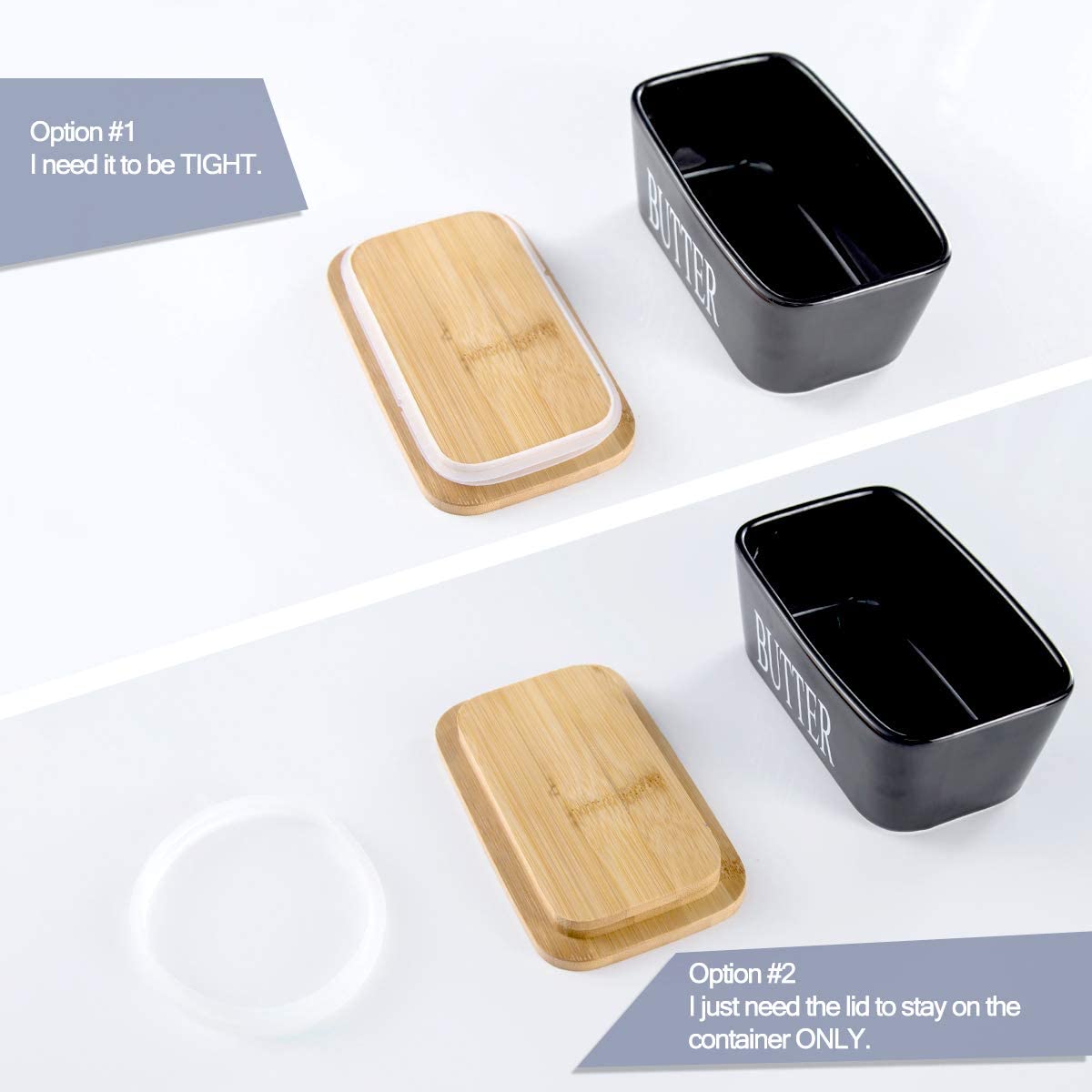 Porcelain Butter Dish with Bamboo Lid - Covered Butter Keeper with Butter Knife for Countertop， Airtight Butter Container with Cover for East West Coast Butter， Black