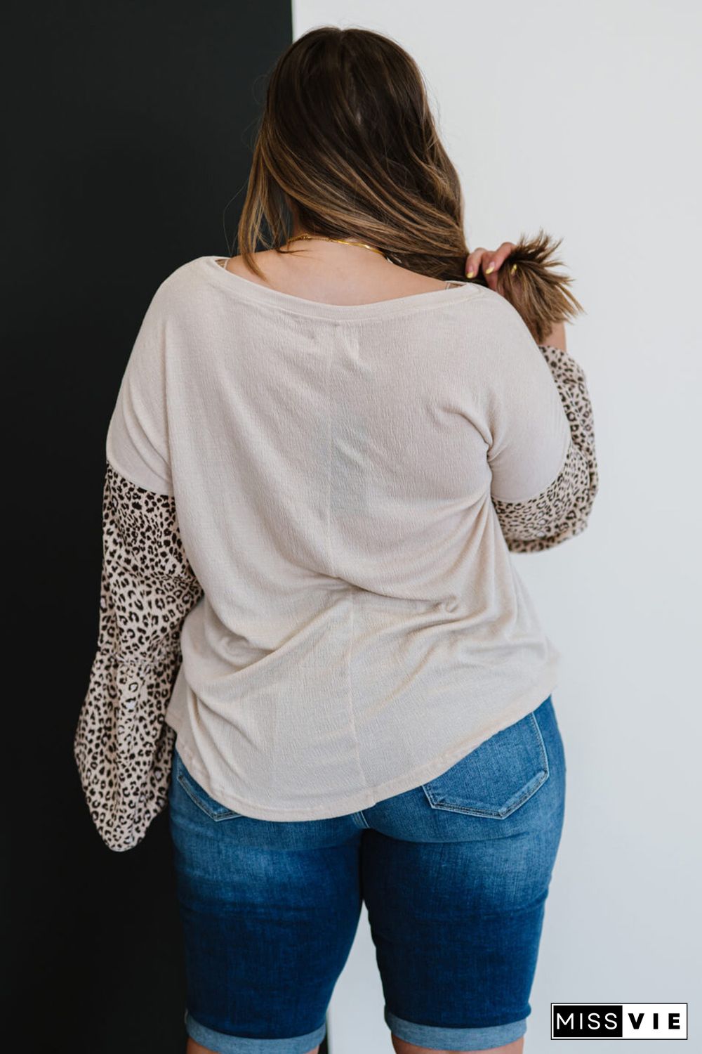 Beige Leopard Bell Sleeve Patchwork Plus Size Top