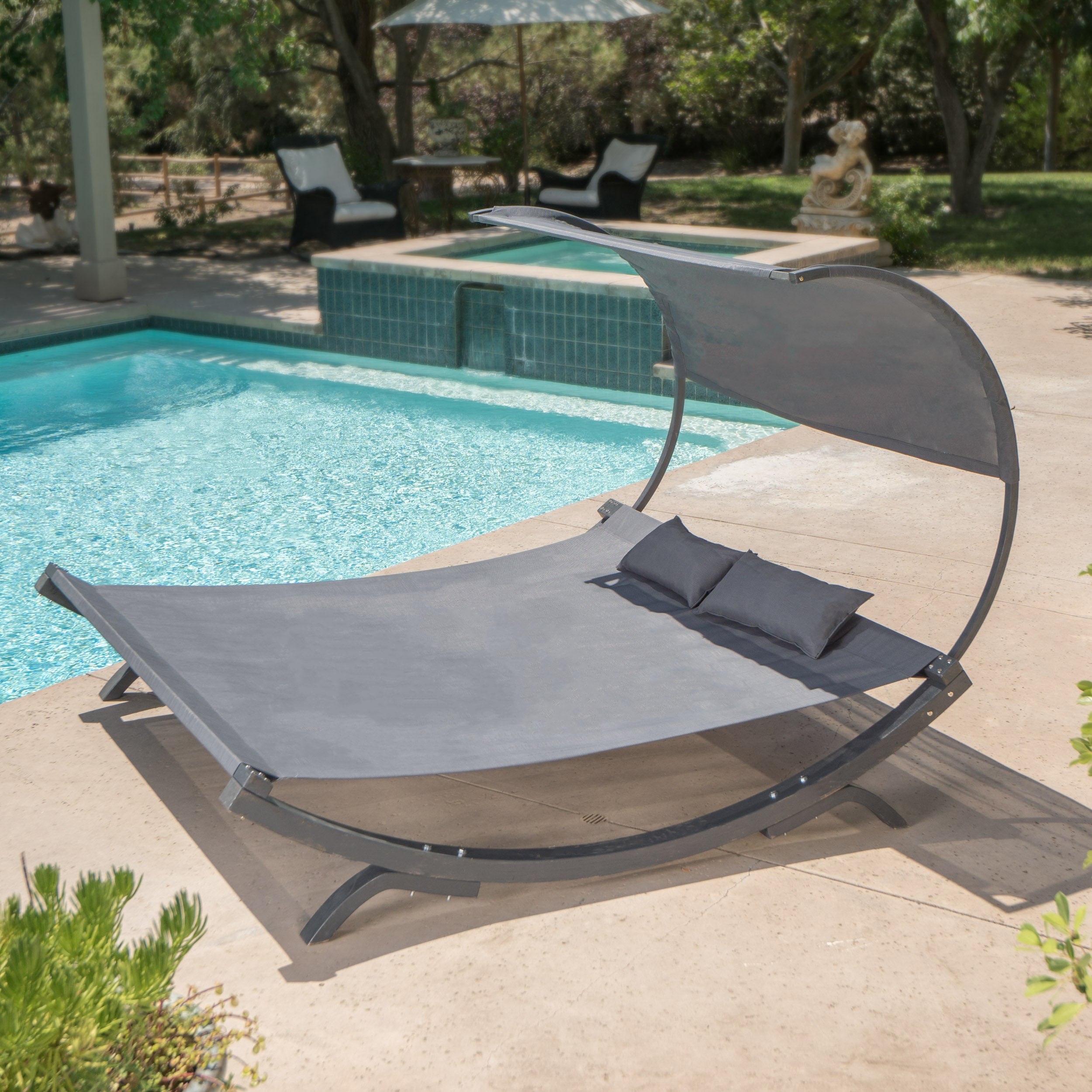 Merianna Gray Wood Sunbed with Gray Outdoor Mesh Canopy