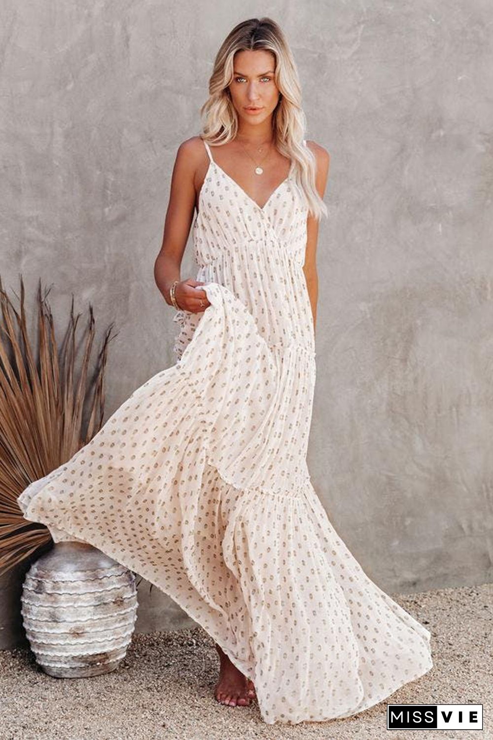 Beige Pattern Print Tiered Ruffled Spaghetti Strap V Neck Maxi Dress