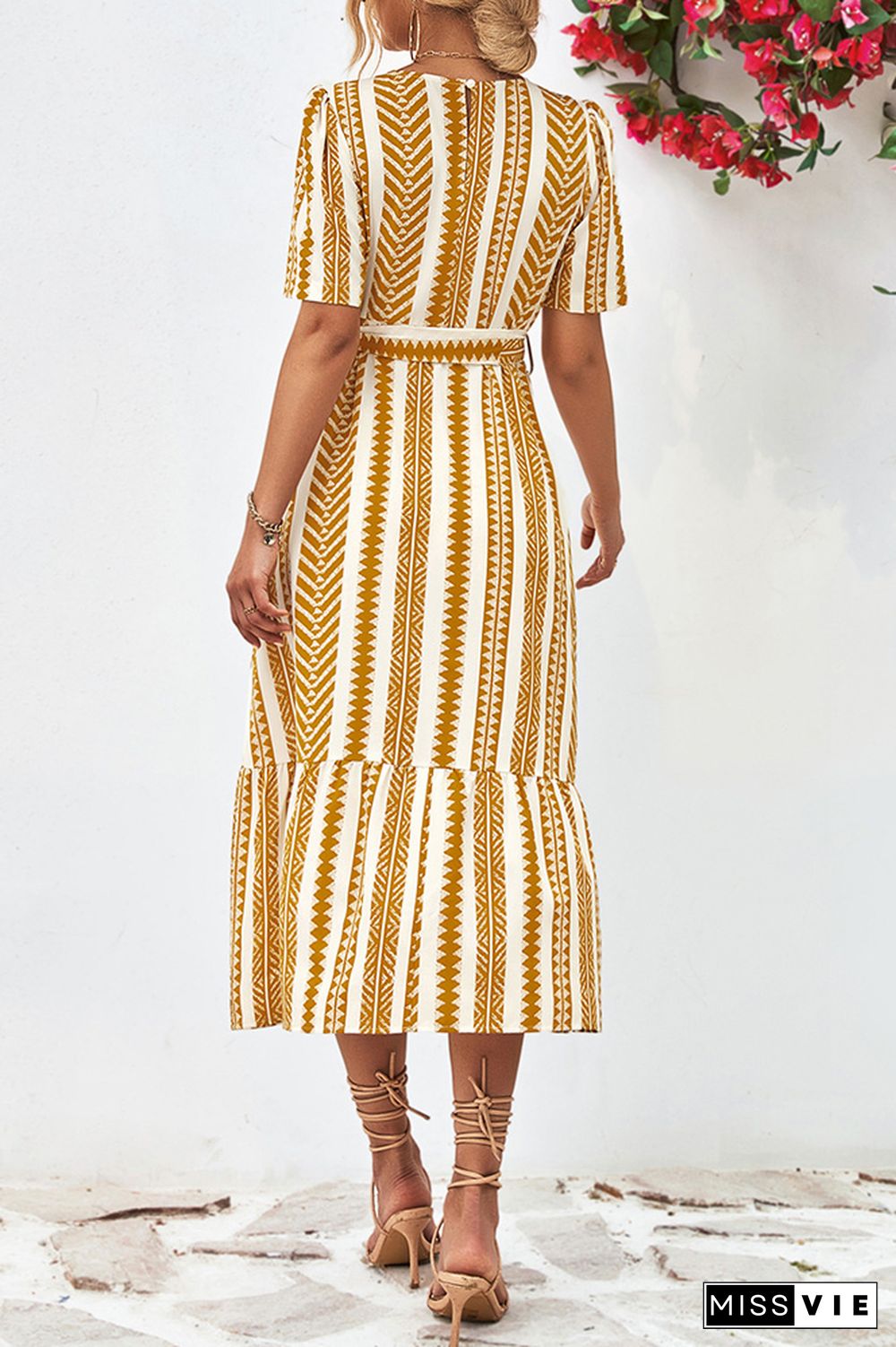 Geometric Striped Maxi Dress With Sash