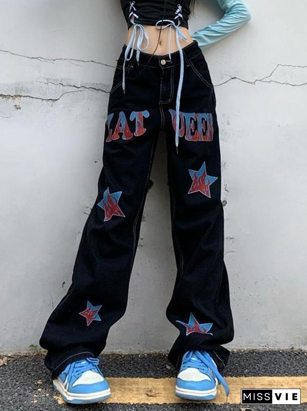 Hip Hop Loose American Star Print Distressed Cargo Jeans