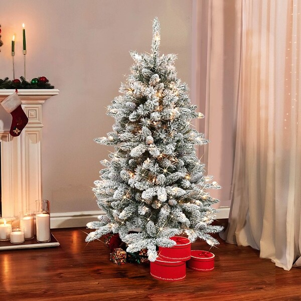 4.5 Foot Christmas Tree，PreLit Flocked Bennington Fir Artificial Christmas Tree with 150 ULListed Clear Lights，Snow Tree