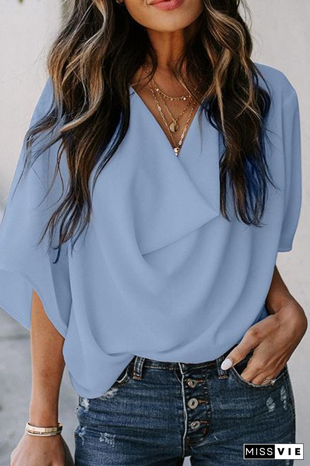 Casual Solid Flounce V Neck T-Shirts