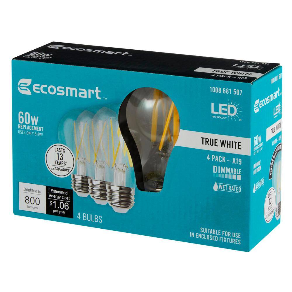 EcoSmart 60-Watt Equivalent A19 Dimmable Edison LED Light Bulb True White (4-Pack) A19C8DE26835Z