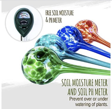 Cotswold Homeware Co Plant Watering Globes - Plant Watering Devices - Plant Watering Bulbs - Self Watering Spikes -Decorative Hand Blown Glass - Watering Bulbs - Free Moisture Meter 4 Large Size