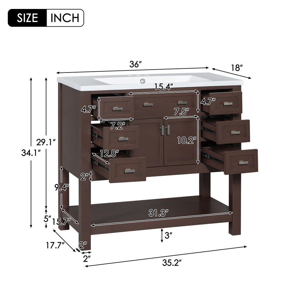 Versatile Storage Vanity Bathroom Sink Counter with 6 Drawers  Brown