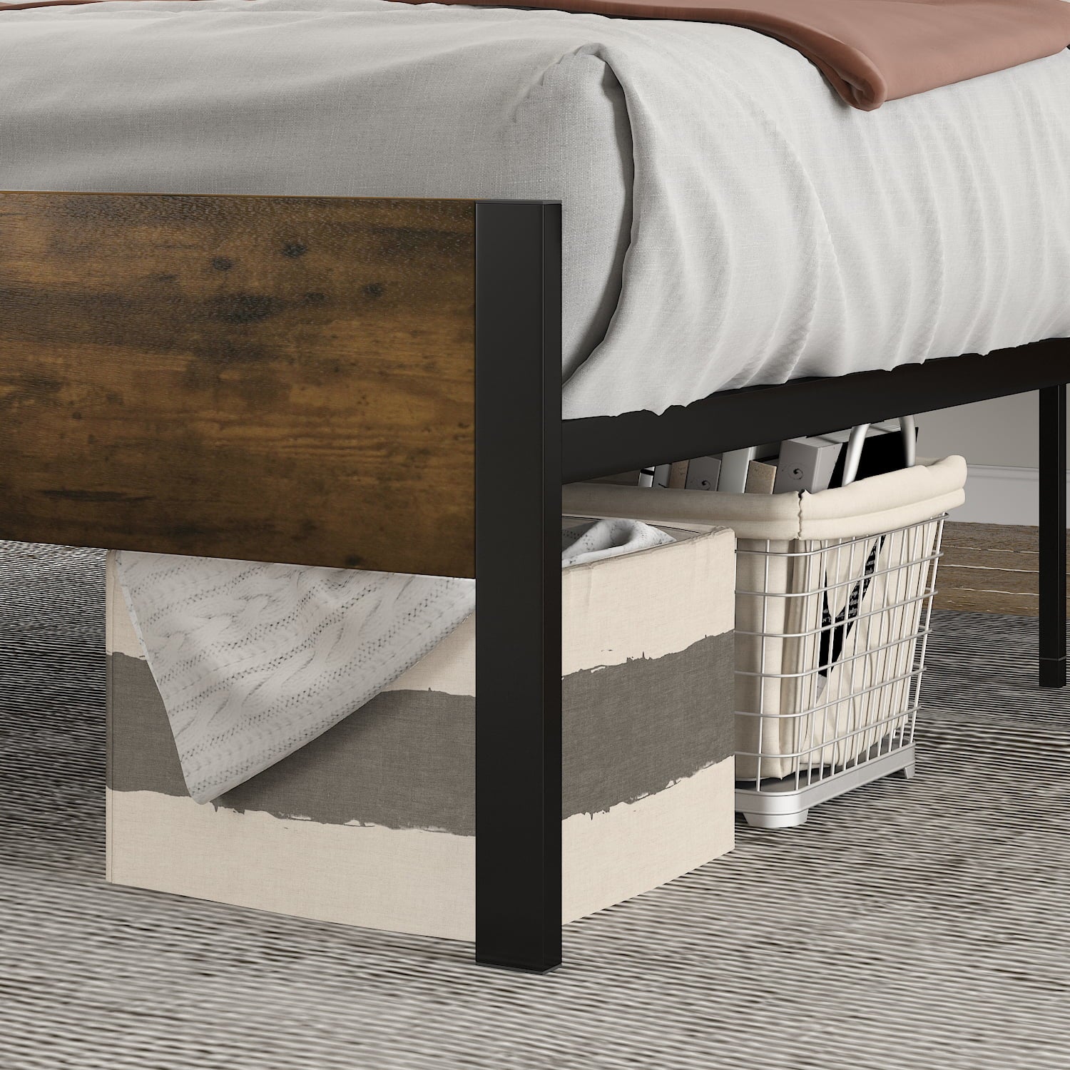 Amolife Queen Size Metal Platform Bed Frame with Industrial Wood Headboard and Metal Slats