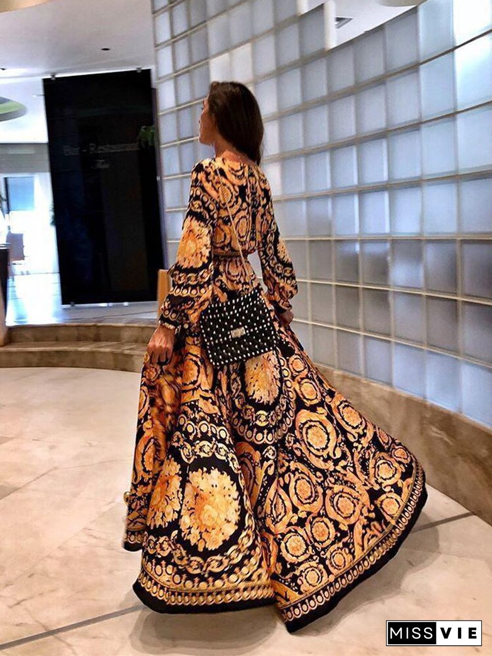 Women Sexy Deep V Neck Glitter Printed Evening Party Maxi Dress