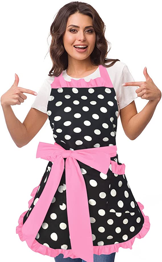 Egebert Cute Retro Apron for Women with Pockets 50s Black Vintage Aprons Sexy Chef Apron Funny Kitchen Cooking Apron Polka Dot Adjustment Waist Flirty Apron Dress Christmas Mother's Gifts (Pink)