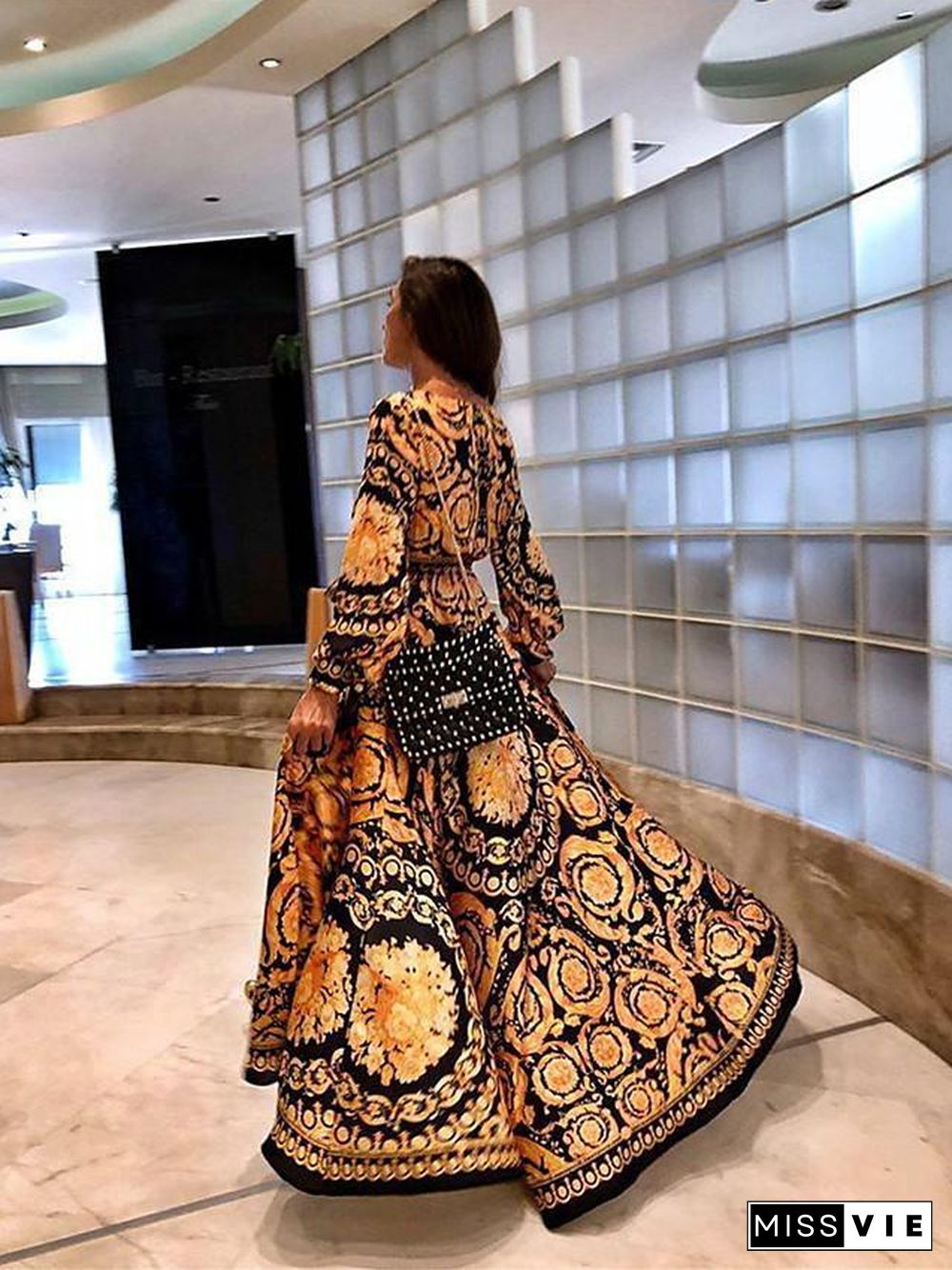 Women's Wrap Dress Maxi long Dress - Long Sleeve Other Print Spring & Summer Deep V Hot Boho Holiday Going out Beach  Yellow S M L XL XXL 3XL / vacation dresses