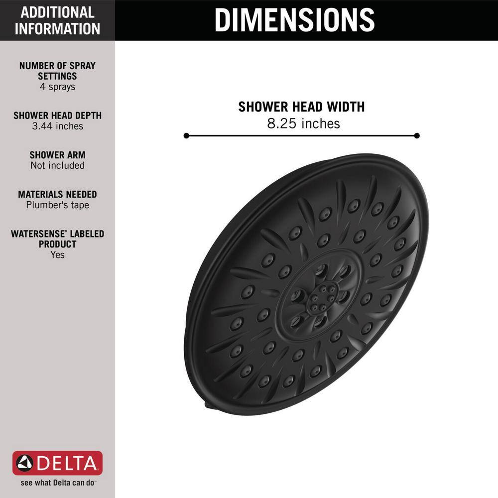 Delta 4-Spray Patterns 1.75 GPM 8.25 in. Wall Mount Fixed Shower Head with H2Okinetic in Matte Black 52487-BL