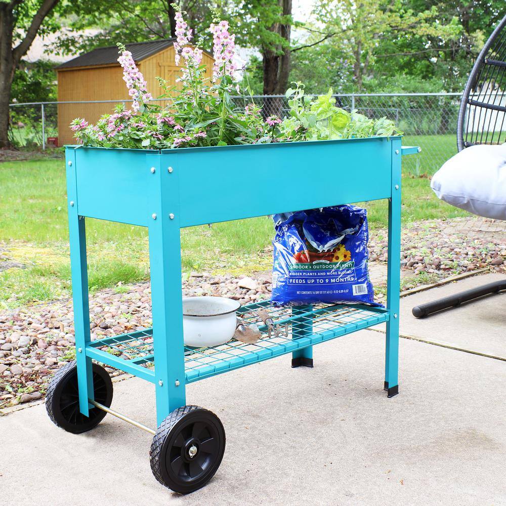 Sunnydaze Decor Galvanized Steel Mobile Raised Garden Bed Cart in Blue HB-229