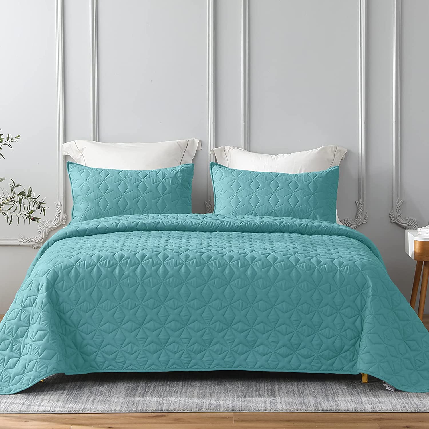 Whale Flotilla Quilt Set Twin Size， Soft Microfiber Lightweight Bedspread Coverlet Bed Cover (Star Pattern) for All Seasons， Turquoise， 3 Pieces (Includes 1 Quilt， 2 Shams)