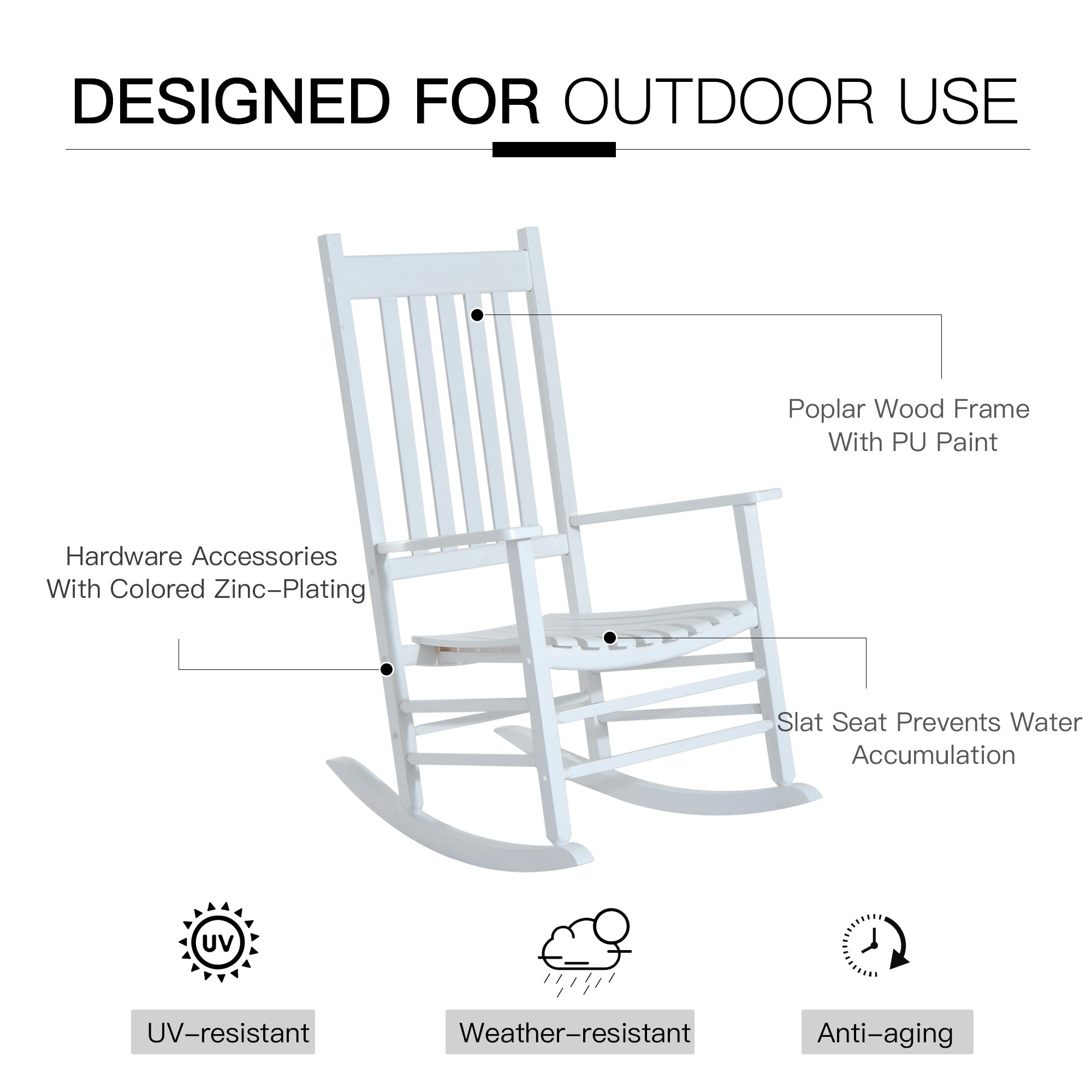 Outsunny Outdoor Rocking Chair, Wooden Rustic High Back All Weather Rocker, Slatted for Indoor, Backyard & Patio, White