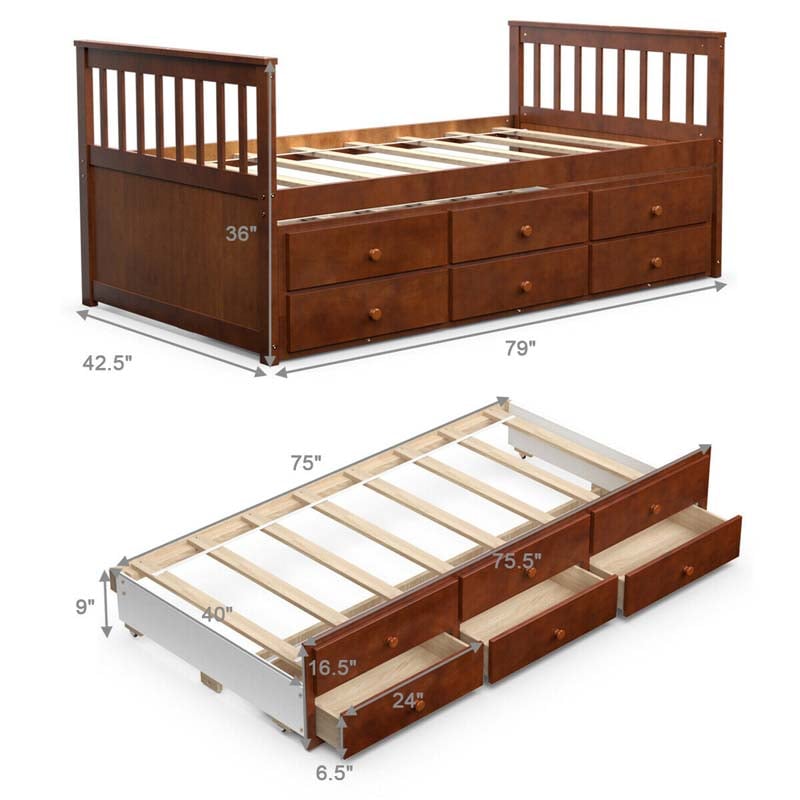 Twin Captain's Bed with Trundle Bed, Storage Daybed with 3 Drawers, Wooden Platform Bed for Kids Guests Sleepovers