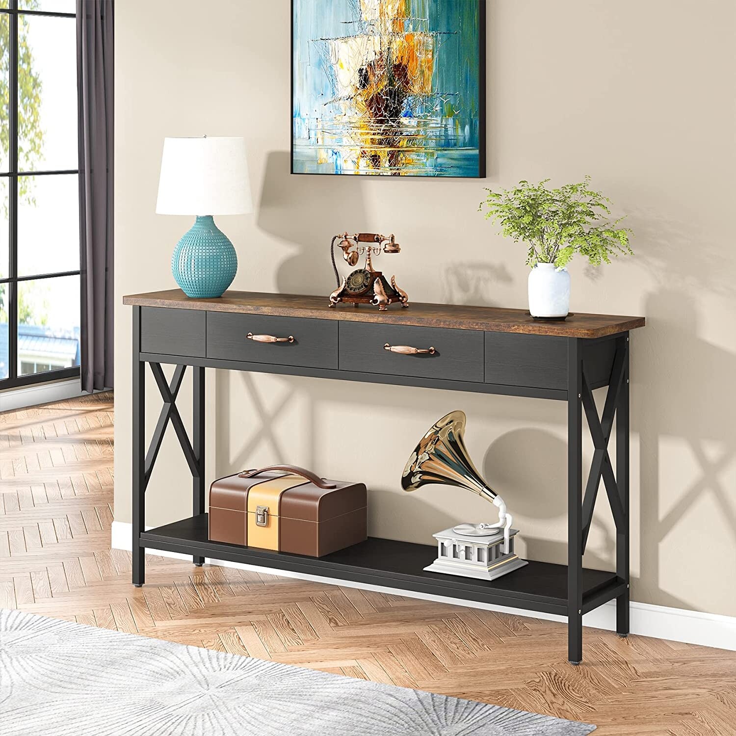 70.9 Inch Extra Long Console Table Sofa Table with Drawers，Walnut/White