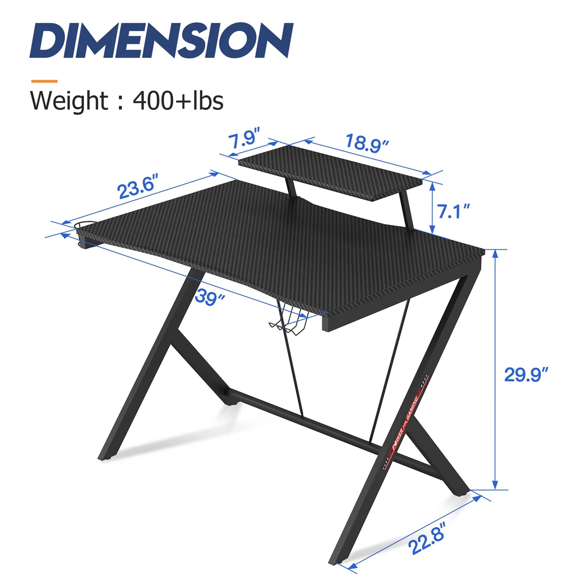 39 Inch Carbon Fiber Computer Gaming Desk with Raised Monitor Shelf