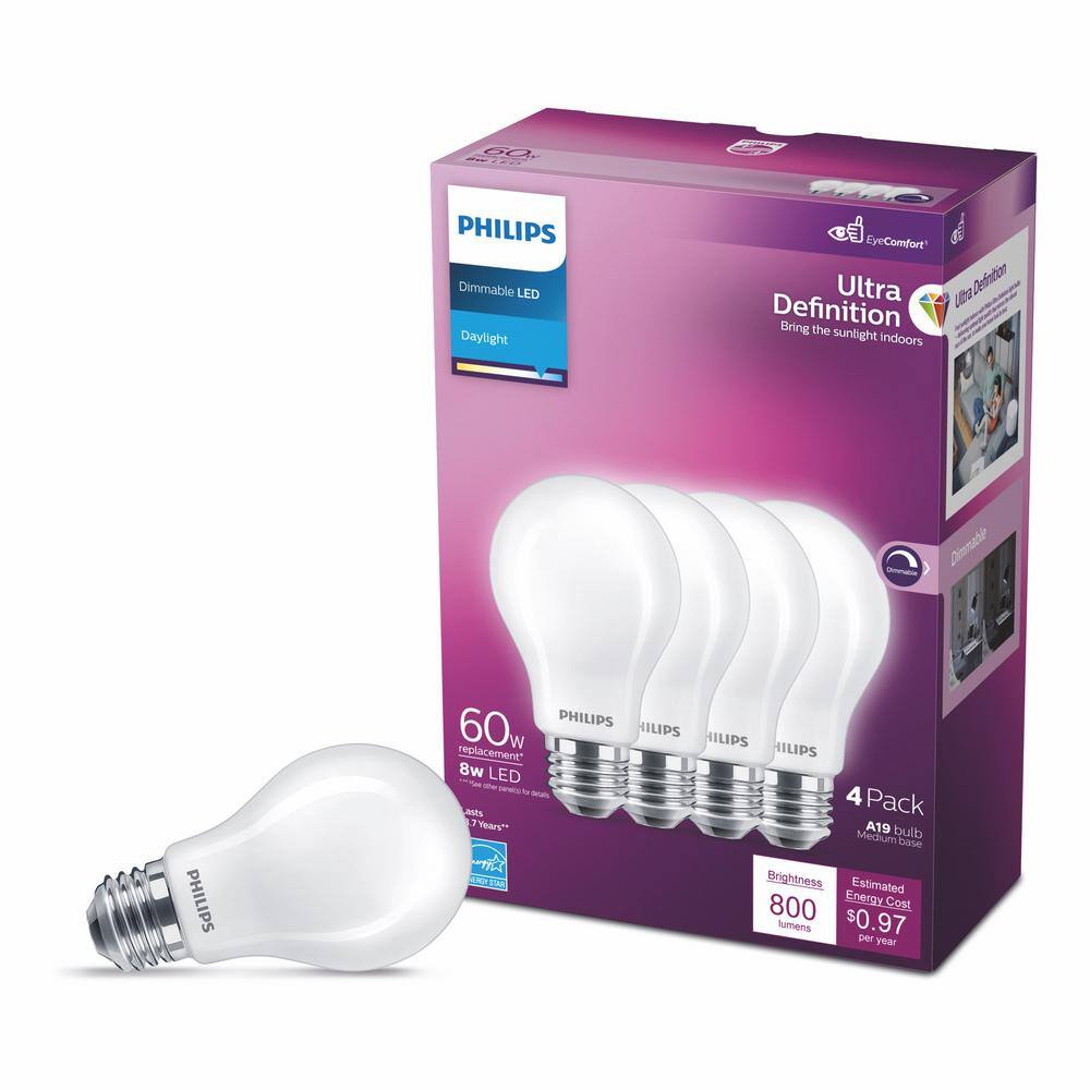 Philips 60-Watt Equivalent A19 Ultra Definition Dimmable E26 LED Light Bulb Daylight 5000K (4-Pack) 576132