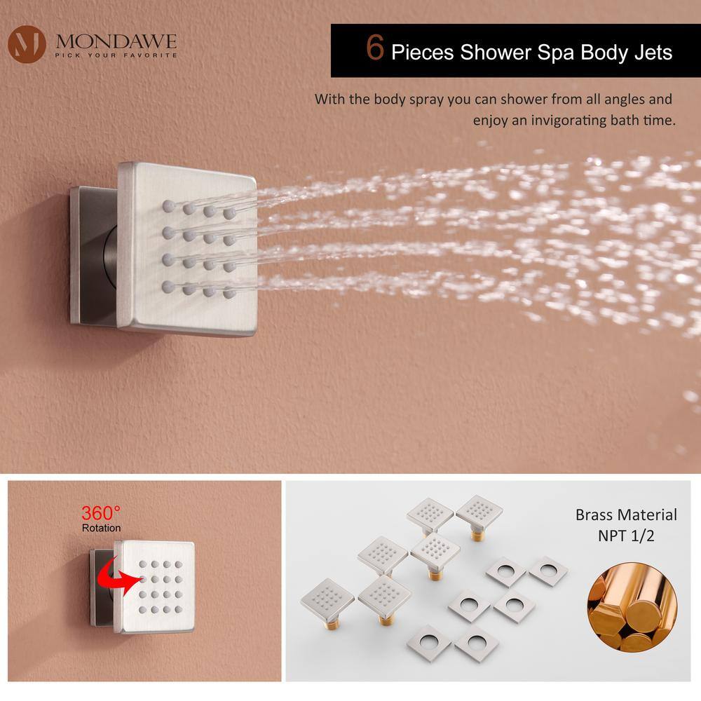 Mondawe LED Display 3 Spray Patterns 12in. Ceiling Mount Fixed and Handheld Shower Head in Brushed Nickel 2.5 GPM Valve Included WFNI6025-12BN