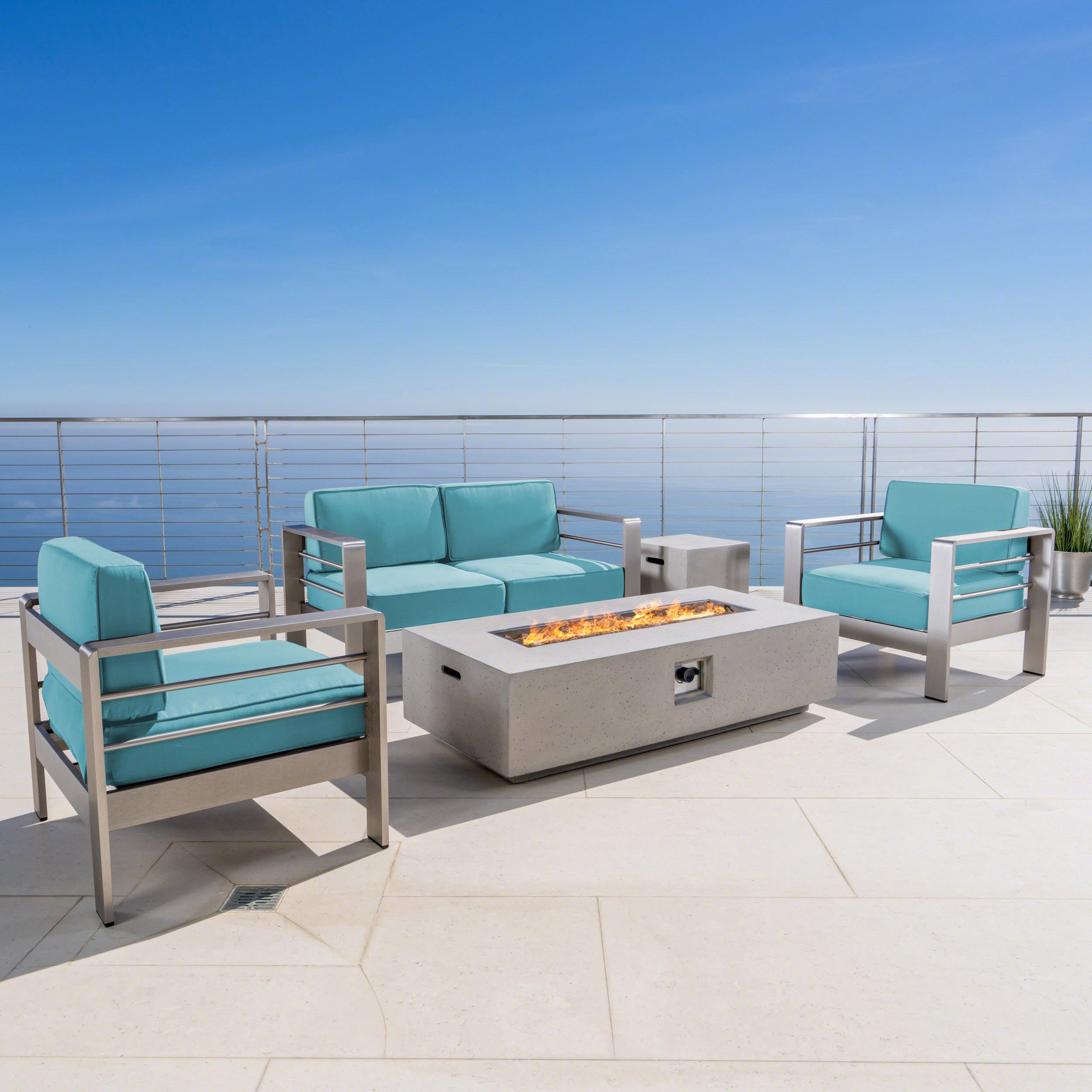 Coral Bay Outdoor 5 Piece Aluminum Chat Set with Sunbrella Cushions and Fire Pit