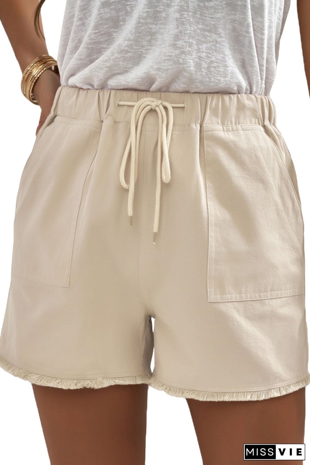 Solid Color Drawstring Frayed Hem Pocketed Shorts