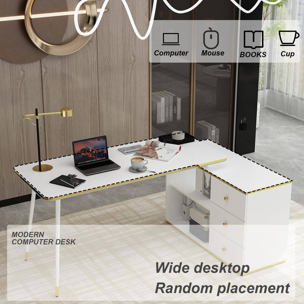 FUFUGAGA 55.1 in. Width L-Shaped White And Golden Wooden 3-Drawer Writing Desk Computer Desk with 2 Open Shelves LBB-KF020288-01