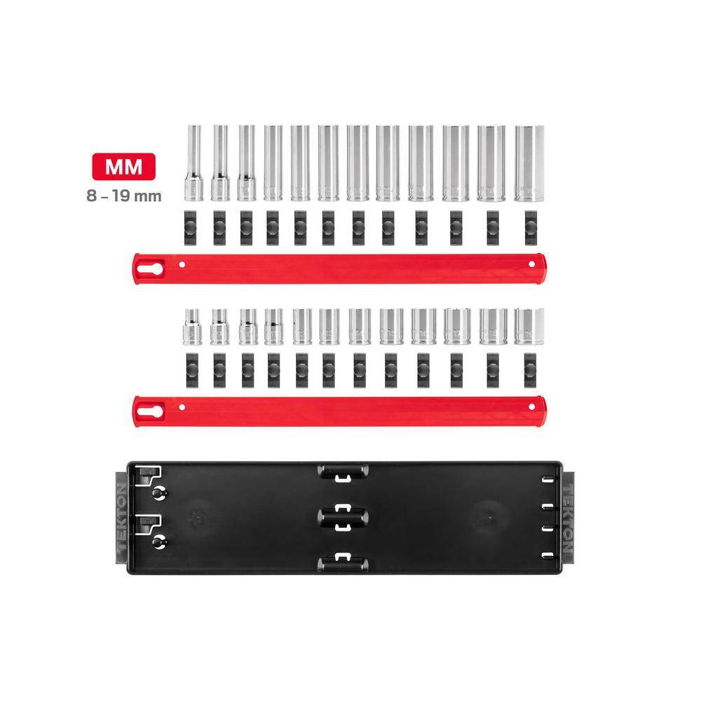 TEKTON 38 in. Drive 12-Point Socket Set with Rails (8 mm-19 mm) (24-Piece) SHD91216