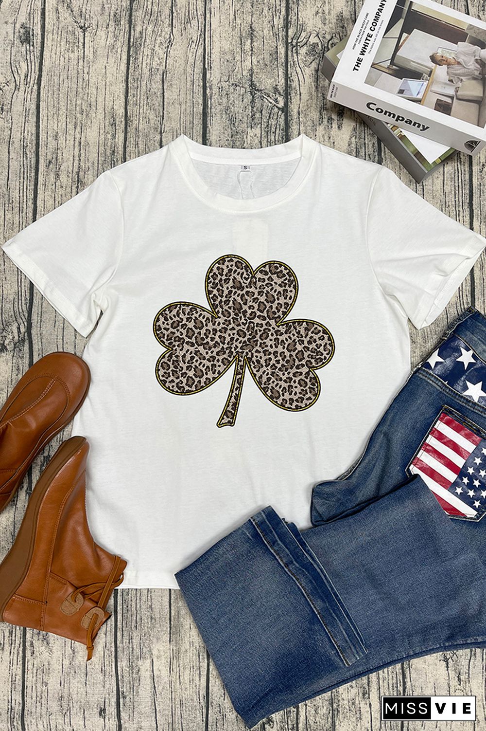 Leopard Clover Print Short Sleeve Graphic Tee Wholesale