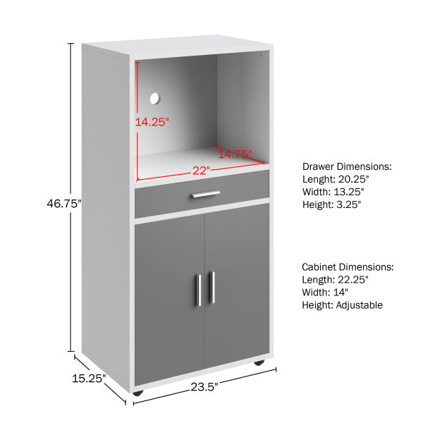 Microwave Stand with Drawer – Rolling Storage Cabinet with Doors and Locking Wheels – Freestanding Kitchen Storage by Lavish Home (White and Gray)