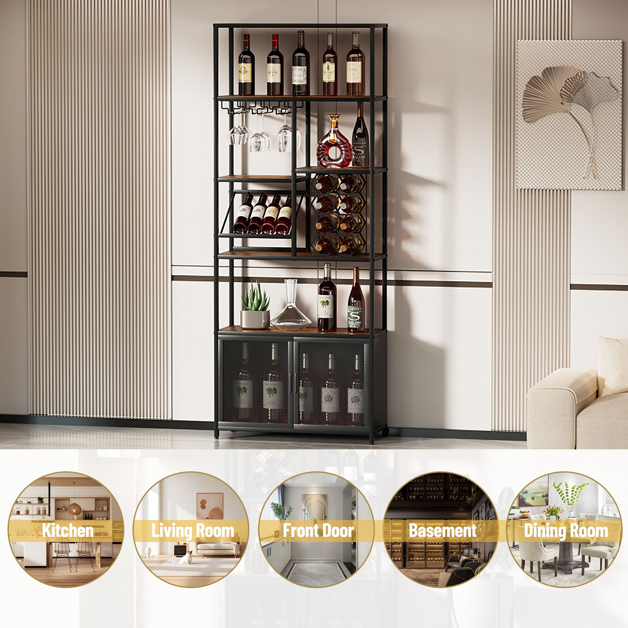 Industrial Vertical Wine Rack with Glass Shelves, 82.7 inch Tall Freestanding Floor Standing Bar Cabinet