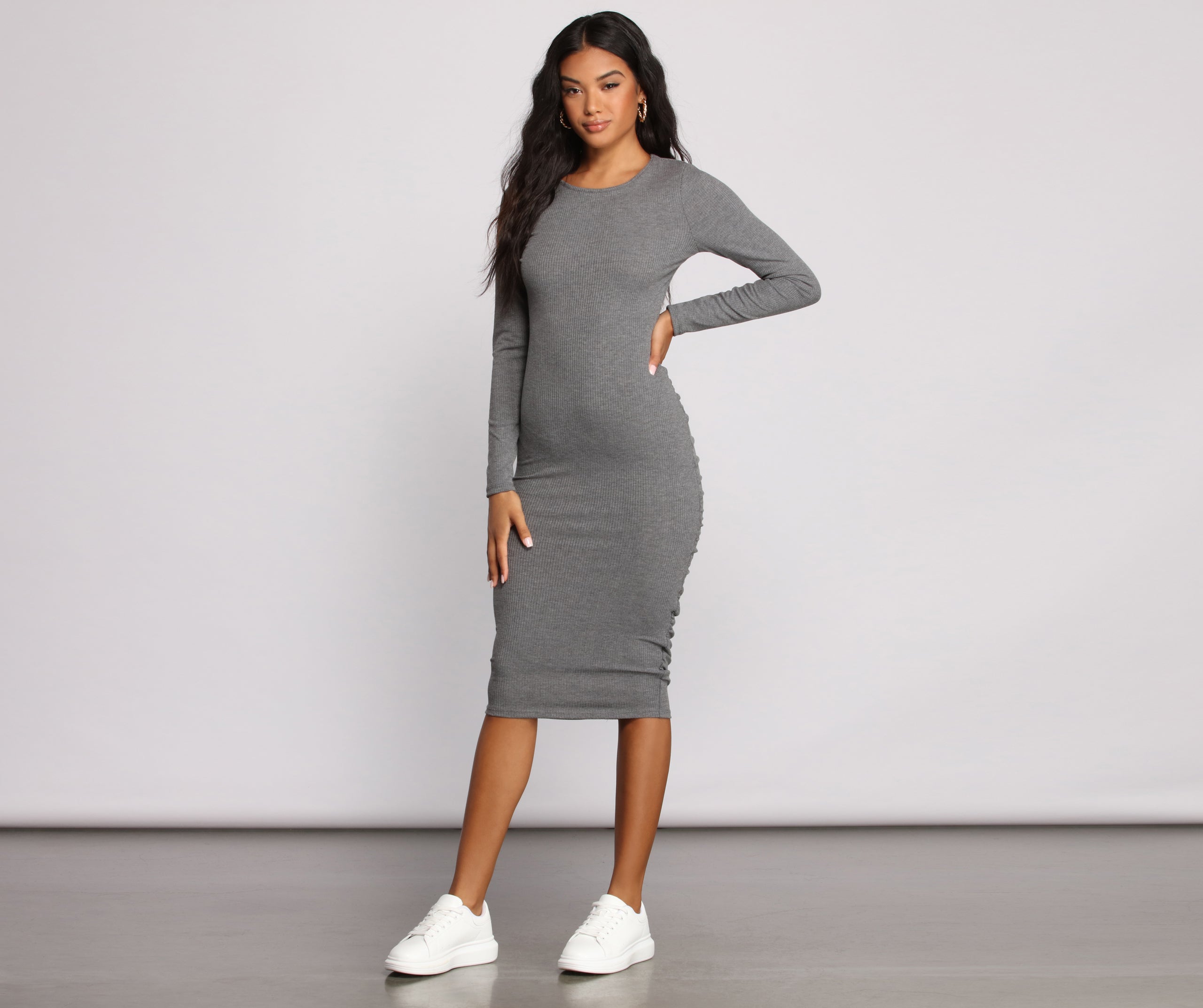 Open Back Ruched Ribbed Knit Midi Dress