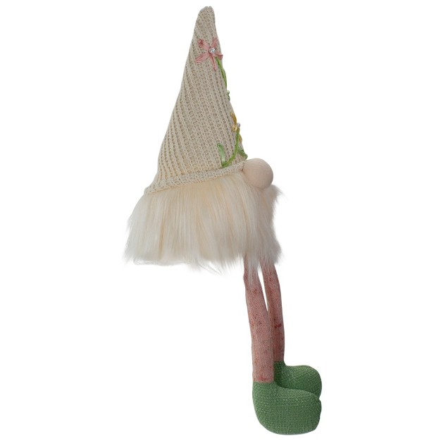 Lighted Cream And Pink Sitting Gnome Figure With Knitted Hat