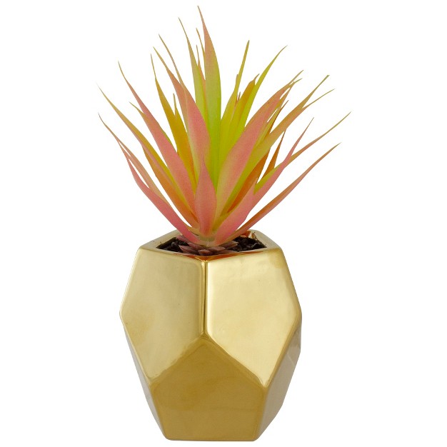 Green Artificial Sword Grass In A Gold Geometric Pot