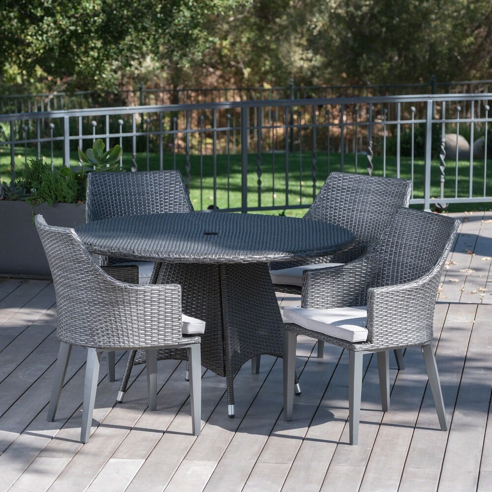 Hillhurst Outdoor 5 piece Round Wicker Dining Set with Cushions   Umbrella Hole by Christopher Knight Home