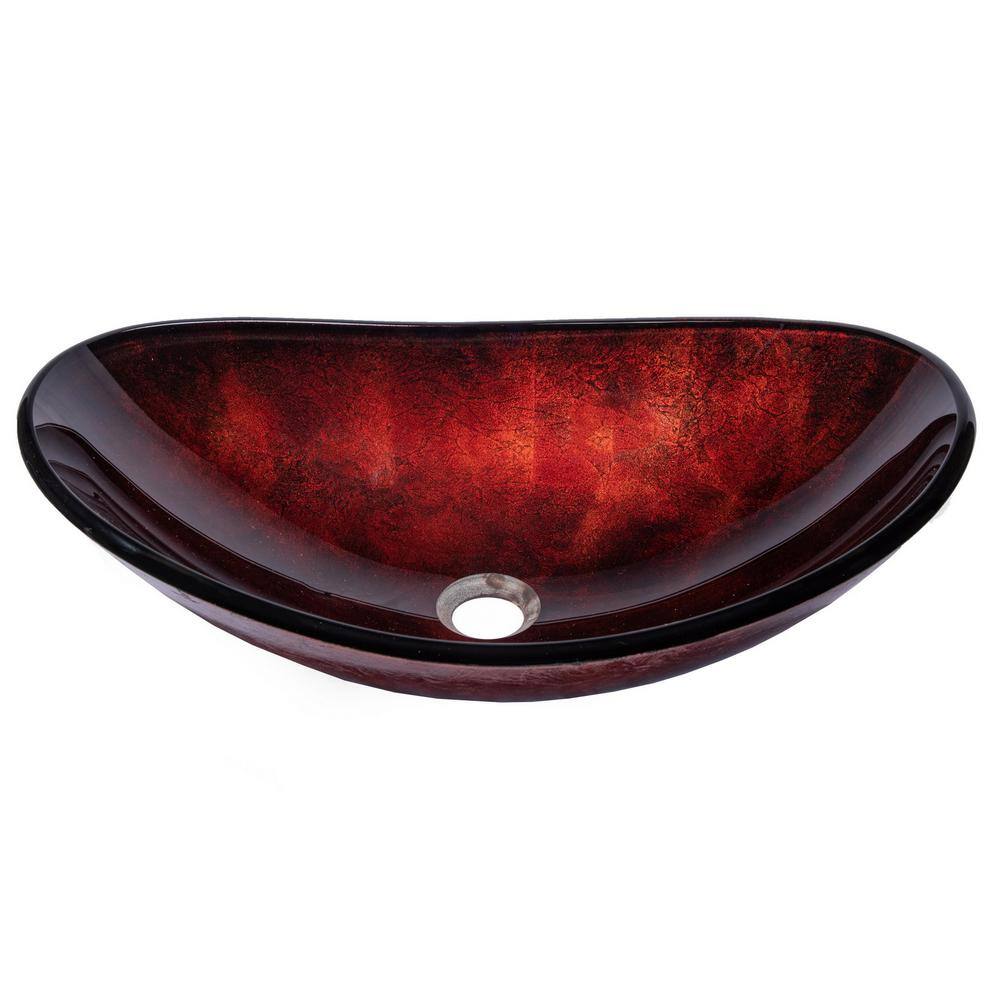 Eden Bath Canoe Shaped Reflections Glass Vessel Sink in Red Copper with Pop-Up Drain and Mounting Ring in Chrome EB_GS40-D2MCR