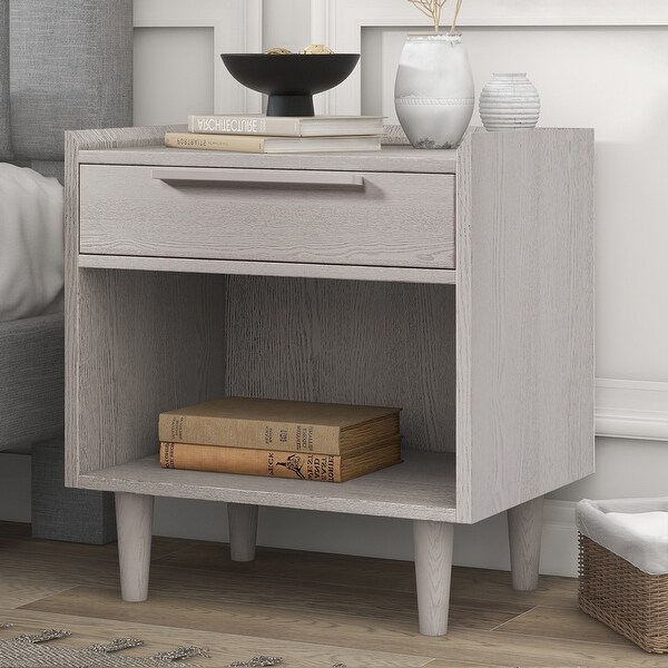 Modern One-Drawer Nightstand Side Table with Solid Wood Legs - - 37612690