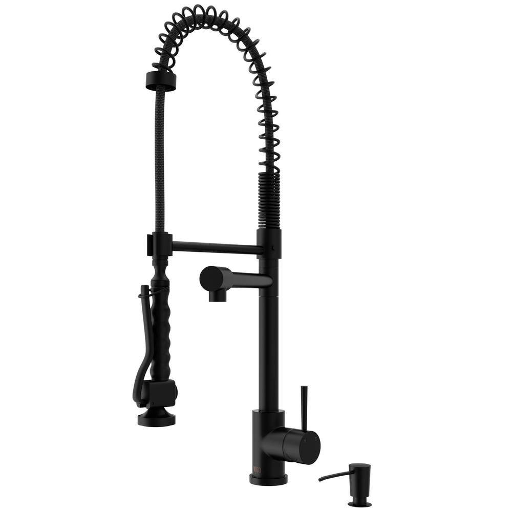 VIGO Zurich Single Handle Pull-Down Sprayer Kitchen Faucet Set with Soap Dispenser in Matte Black VG02007MBK2