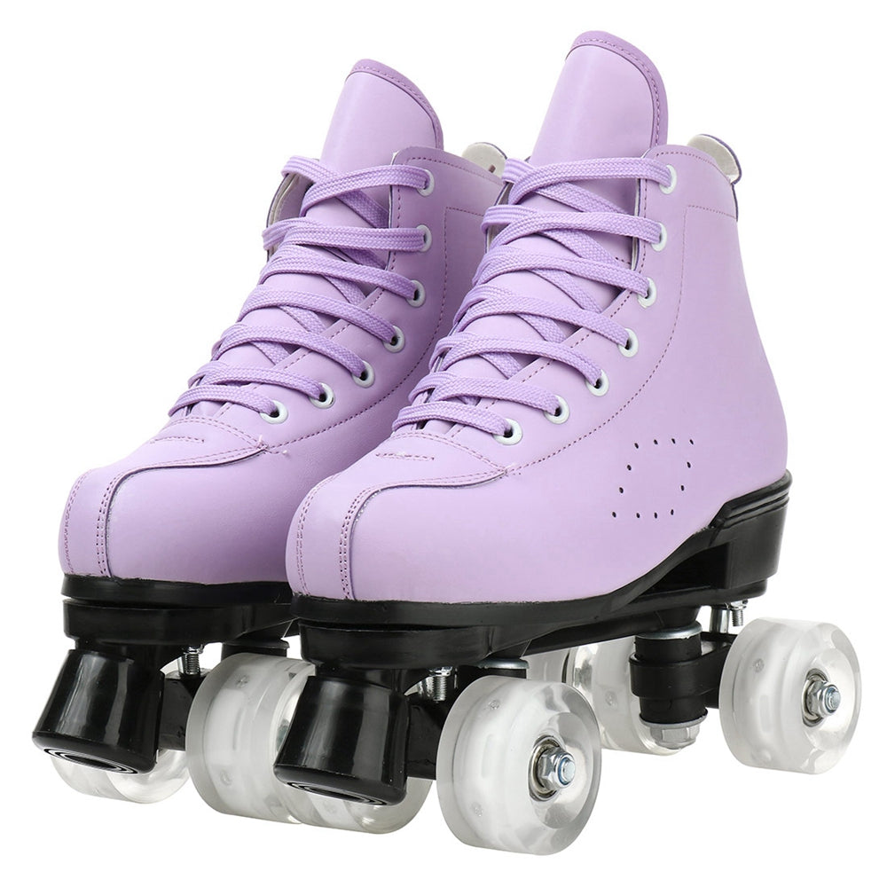 PU Leather Roller Skates， High-Top Design， Roller Artistic with Double-Row Shiny Wheels for Women and Men， Purple， Size 6.5