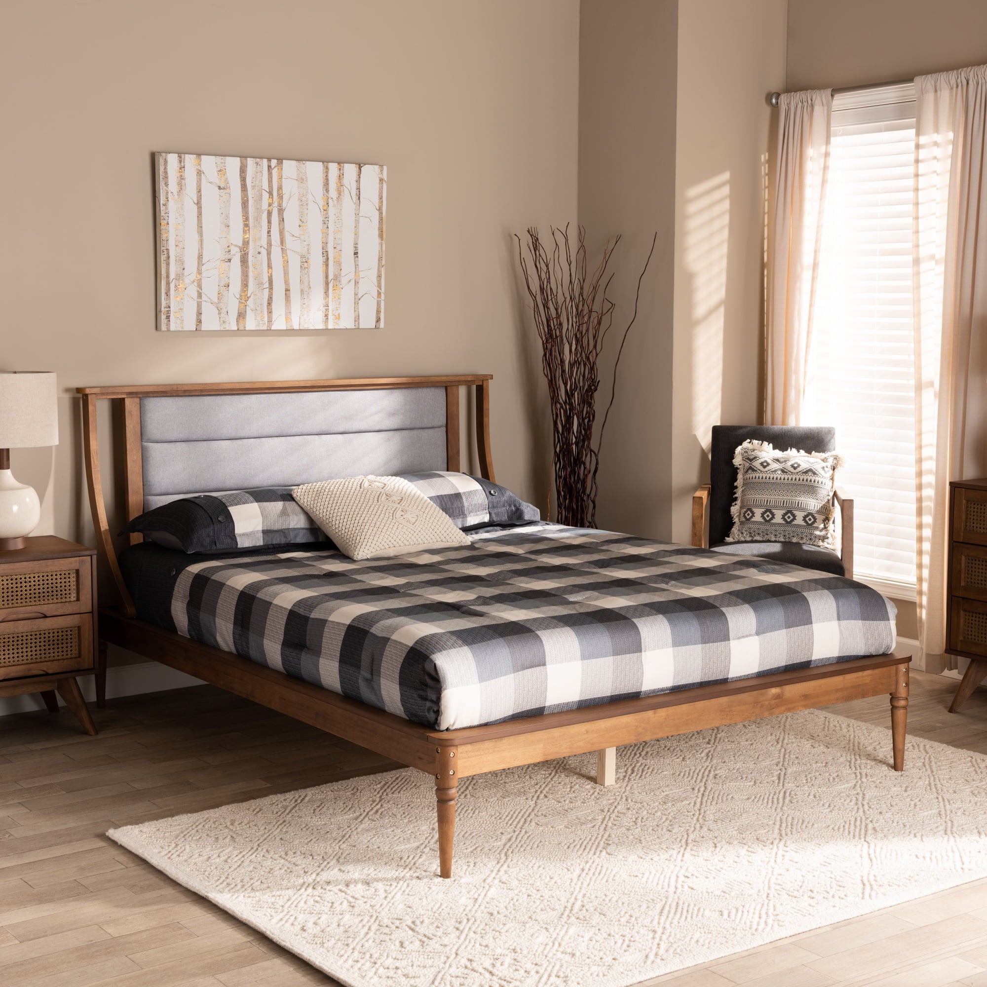 Baxton Studio Regis Modern and Contemporary Transitional Light Grey Fabric Upholstered and Walnut Brown Finished Wood King Size Platform Bed